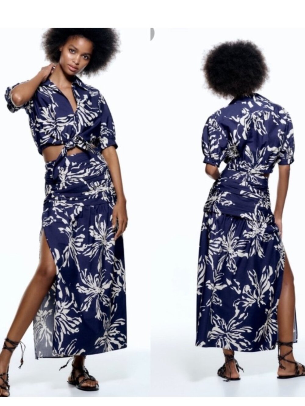 ZARA Blue Tropical Palm Print Matching Set XS/S Crop Tie Top & Midi Wrap Skirt R - Picture 3 of 16